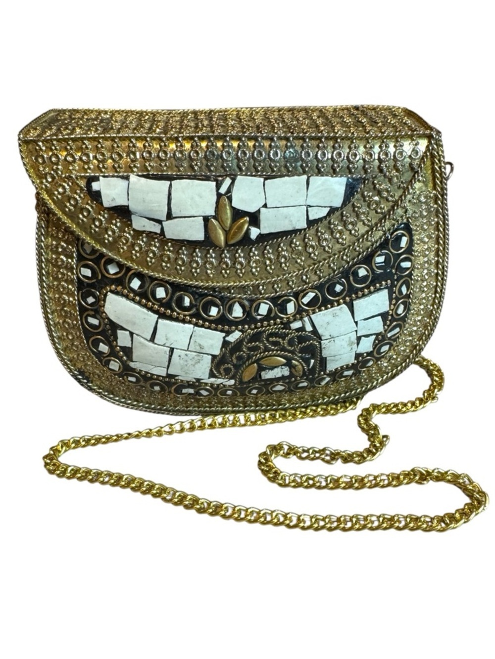 Vintage Indian Mosaic Metal Gold Chain Shoulder Bag